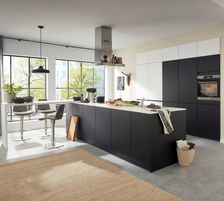 White and black custom Italian cabinets, designed by Toronto kitchen store, to combine personal style with function and beauty