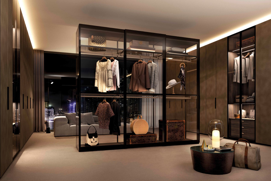 Aluminum and glass contemporary luxury closets and wardrobes designed by O.NIX Kitchens and Living of Toronto, Ontario