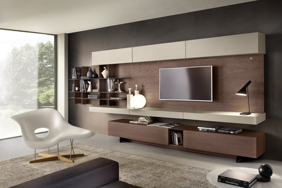 Beige and wood European modern cabinets for TV and living room storage by O.NIX Kitchens of Toronto