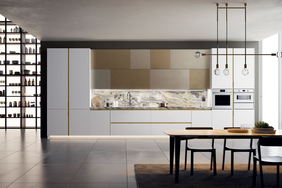 White and gold contemporary Italian kitchen designed by O.NIX Kitchens in Toronto, Ontario, Canada